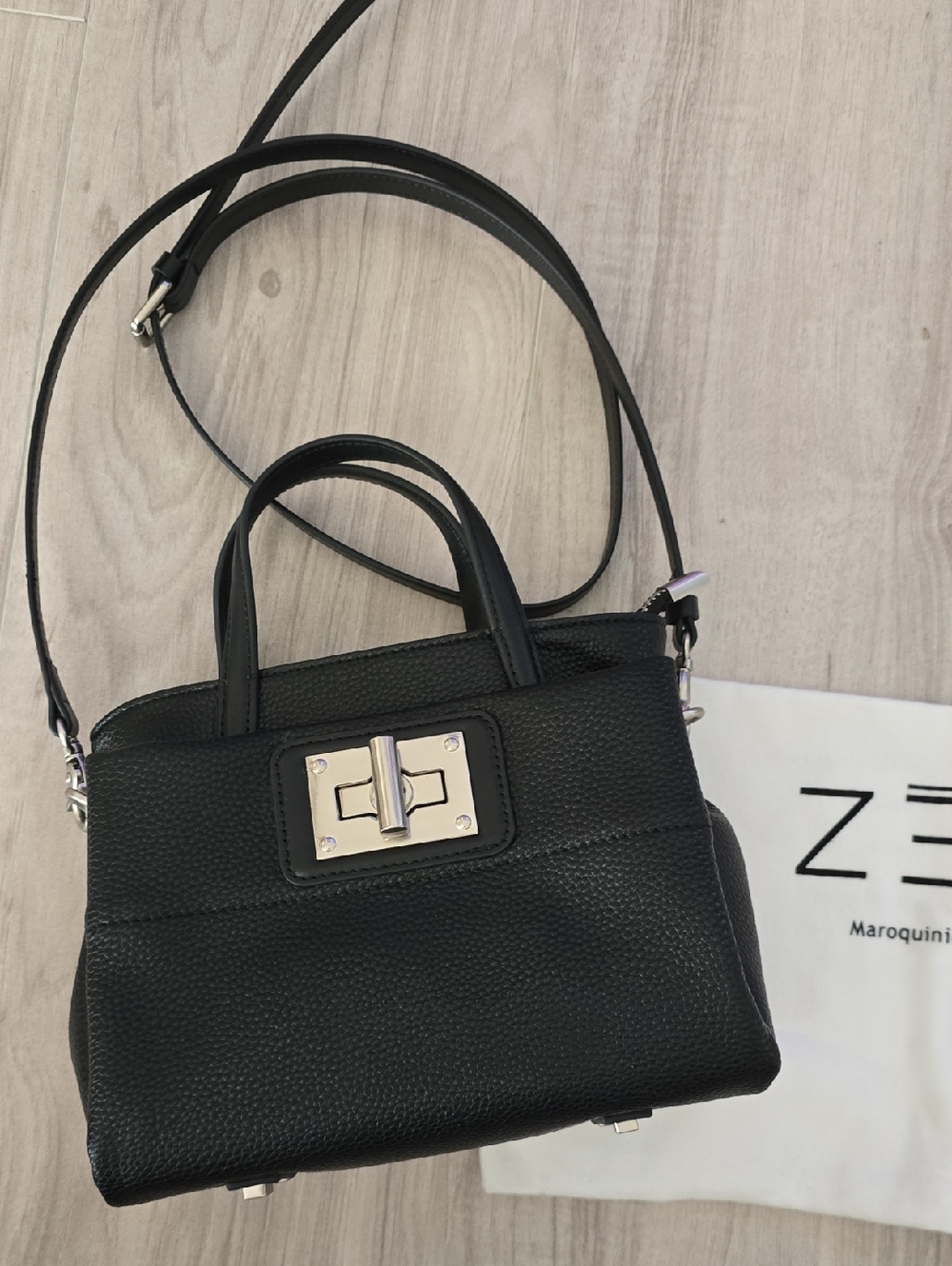 NWT Zede Paris Black Vegas Leather Crossbody Satchel with Silver Turn-Lock